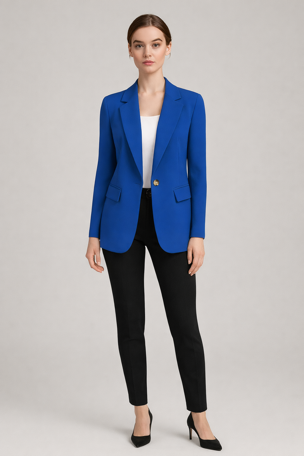 Getailleerde Blazer met Één Knoop — Robin – Blauw – vooraanzicht