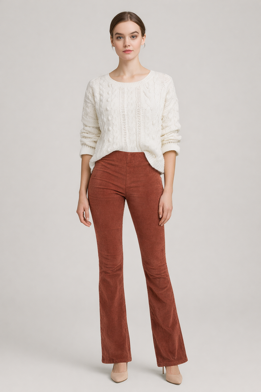 Roestbruine ribfluwelen flared broek dames met hoge taille - vooraanzicht