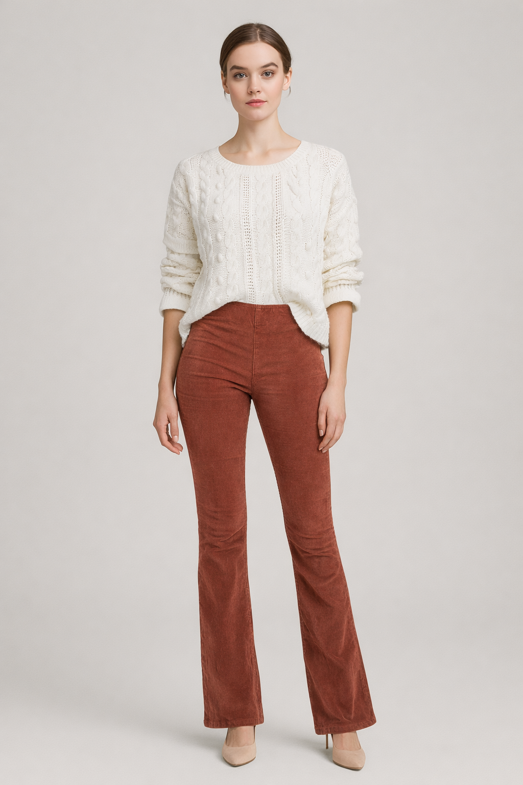Roestbruine ribfluwelen flared broek dames met hoge taille - vooraanzicht