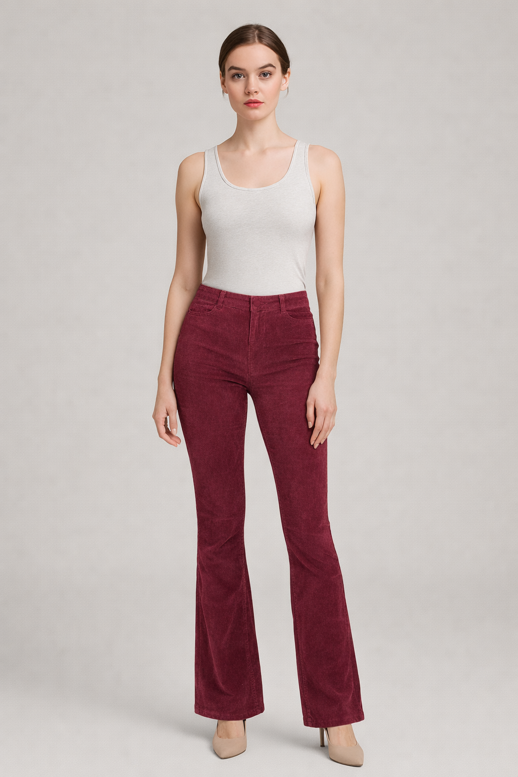 Bordeaux ribfluwelen flared broek dames met hoge taille - vooraanzicht