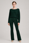 Donkergroene ribfluwelen flared broek dames met hoge taille - vooraanzicht