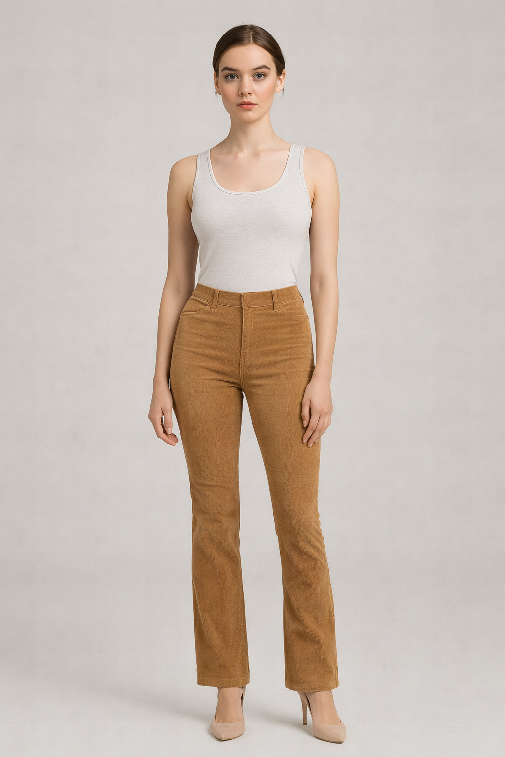 Mosterdgele ribfluwelen flared broek dames met hoge taille - vooraanzicht