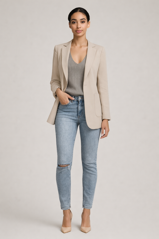 Camel soepele blazer dames met revers - vooraanzicht