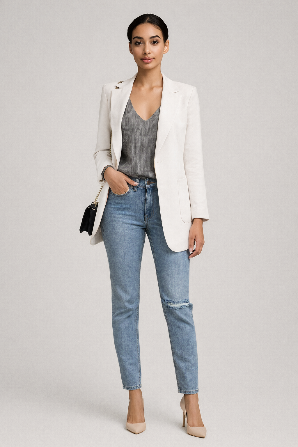 Witte soepele blazer dames met revers - vooraanzicht