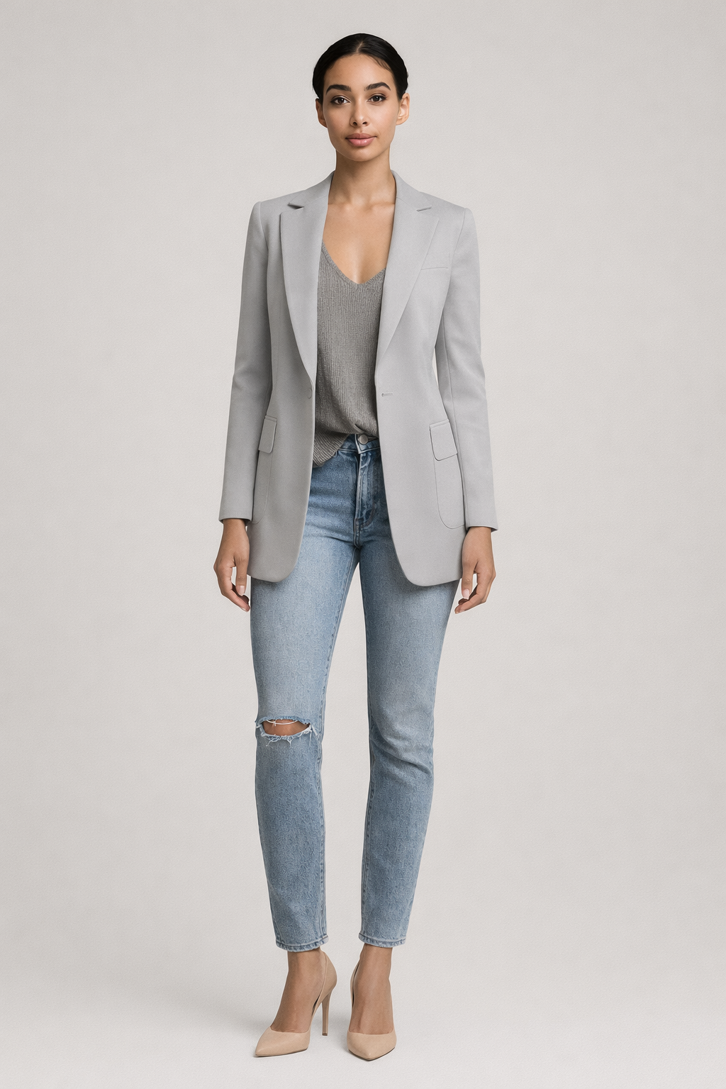 Grijze soepele blazer dames met revers - vooraanzicht
