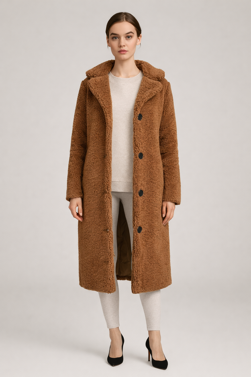 Caramel lange teddy jas dames met knopen - vooraanzicht