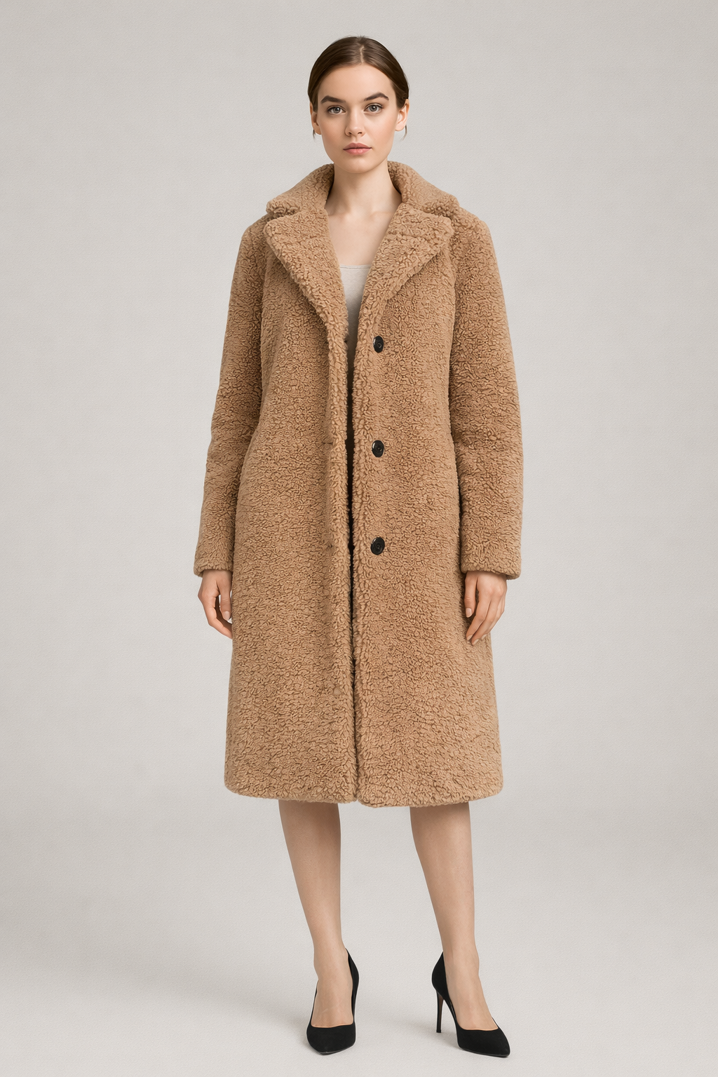 Camel lange teddy jas dames met knopen - vooraanzicht