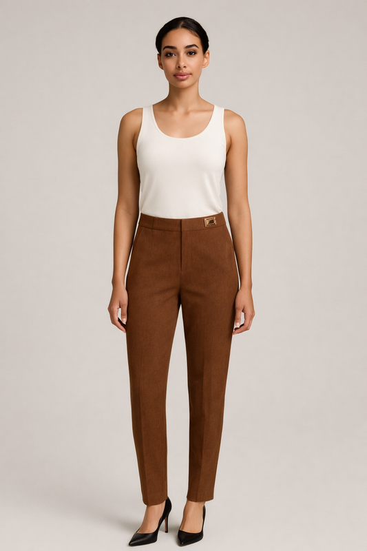 Donkerbruine nette pantalon dames met hoge taille - vooraanzicht