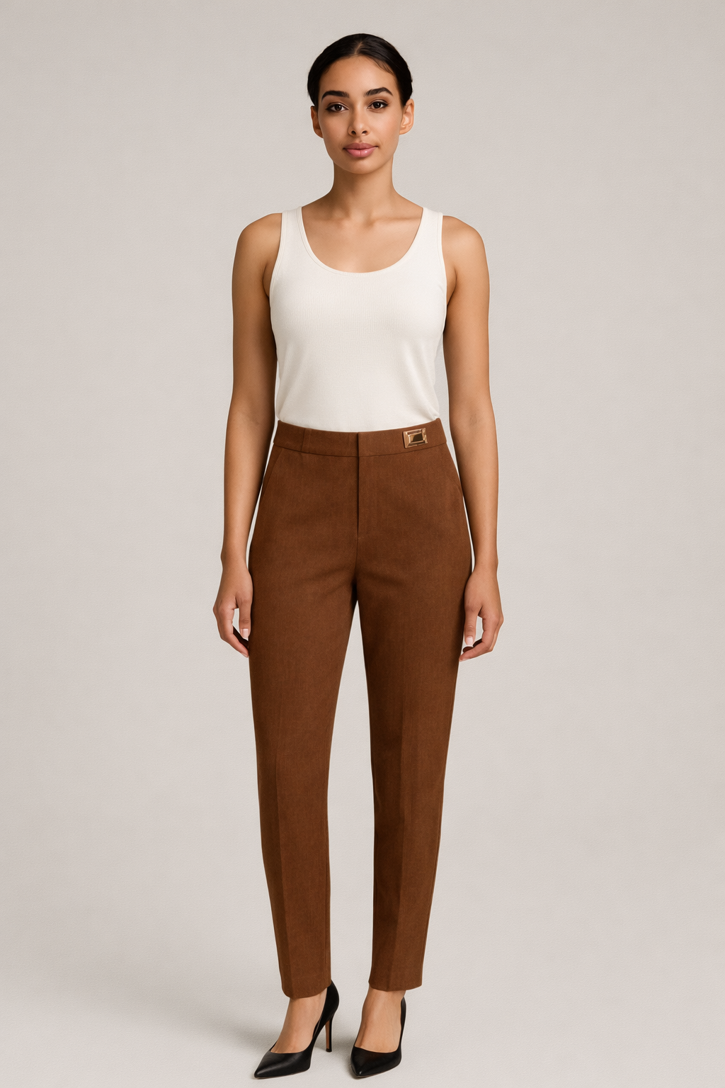 Donkerbruine nette pantalon dames met hoge taille - vooraanzicht