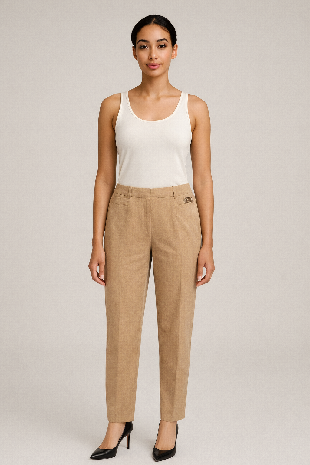 Camel nette pantalon dames met hoge taille - vooraanzicht