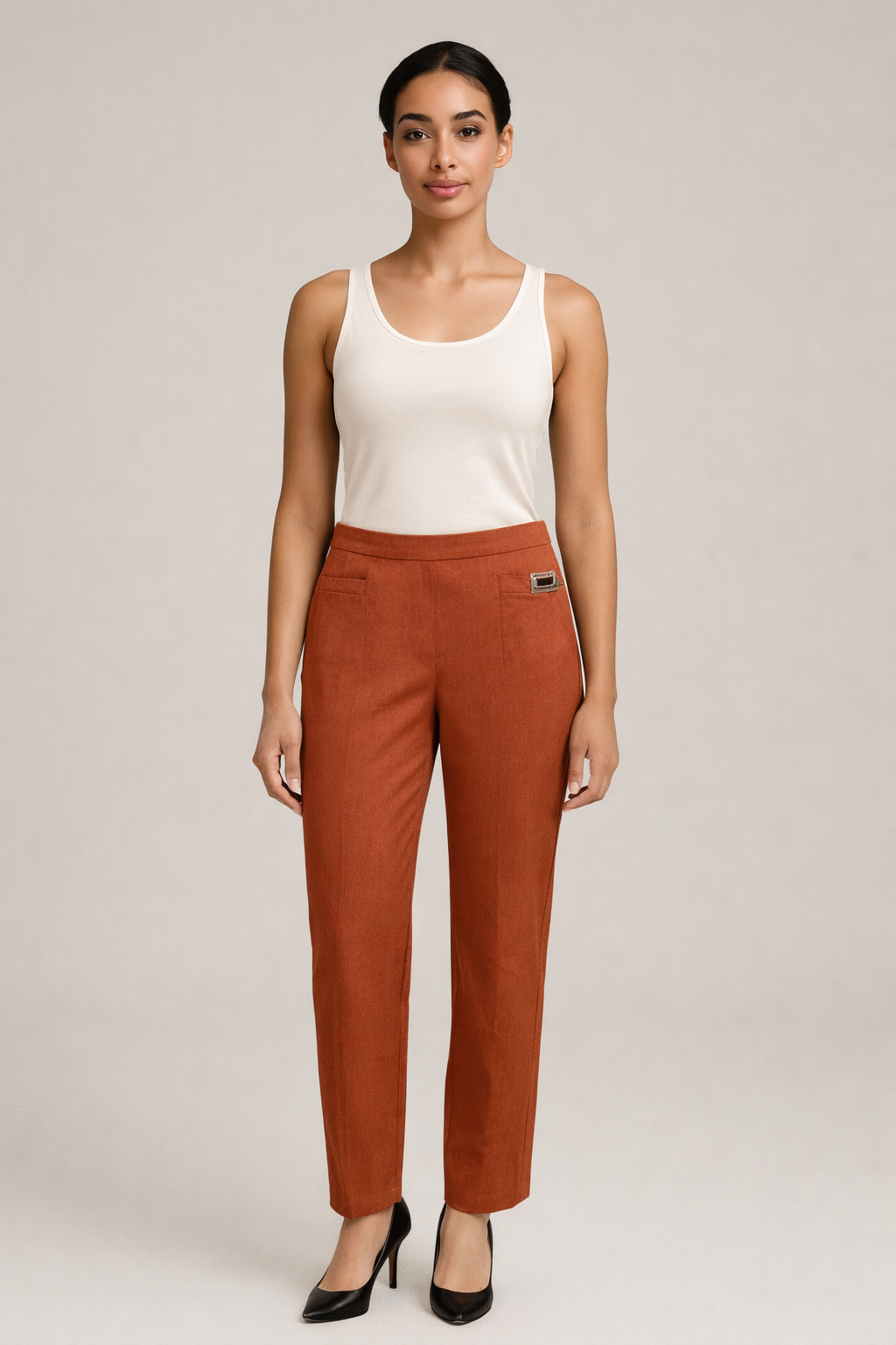Roestkleurige nette pantalon dames met hoge taille - vooraanzicht
