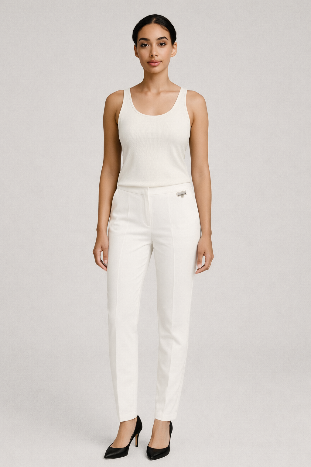 Witte nette pantalon dames met hoge taille - vooraanzicht