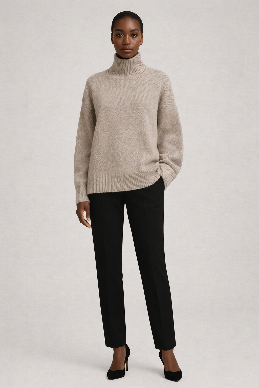 Zandkleurige oversized coltrui dames - vooraanzicht