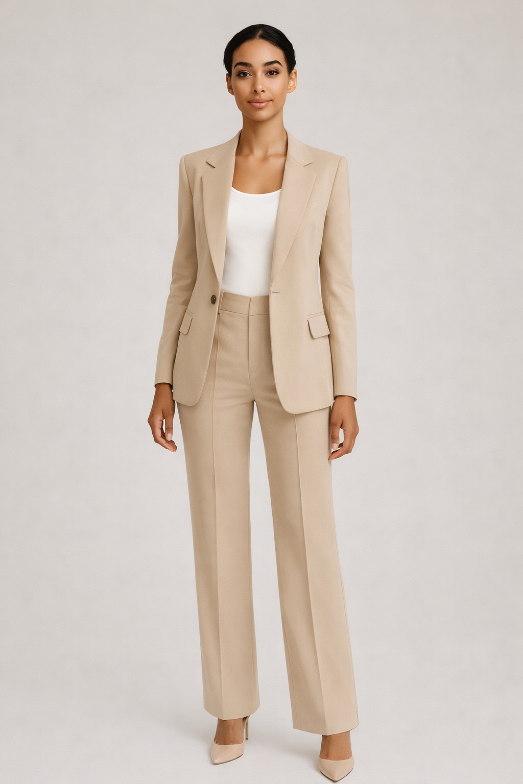 Beige tweedelig broekpak dames met getailleerde blazer — vooraanzicht