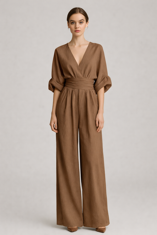 Bruine wijde jumpsuit dames met V-hals en ceintuur — vooraanzicht