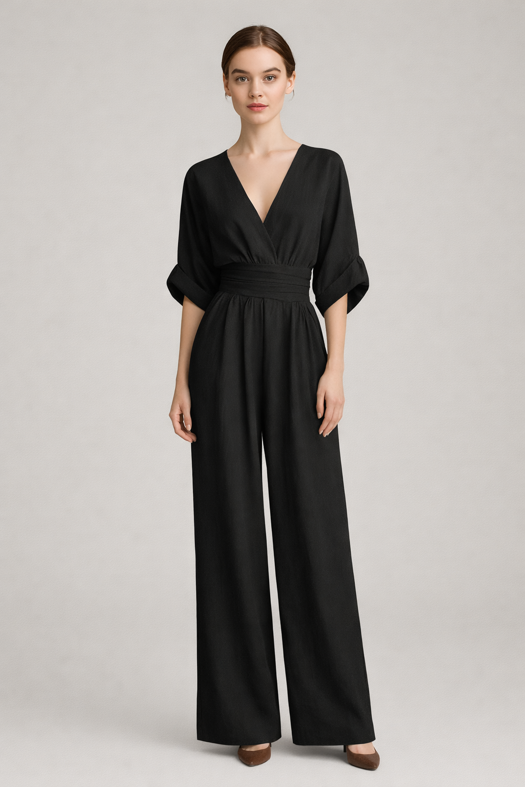 Zwarte wijde jumpsuit dames met V-hals en ceintuur — vooraanzicht