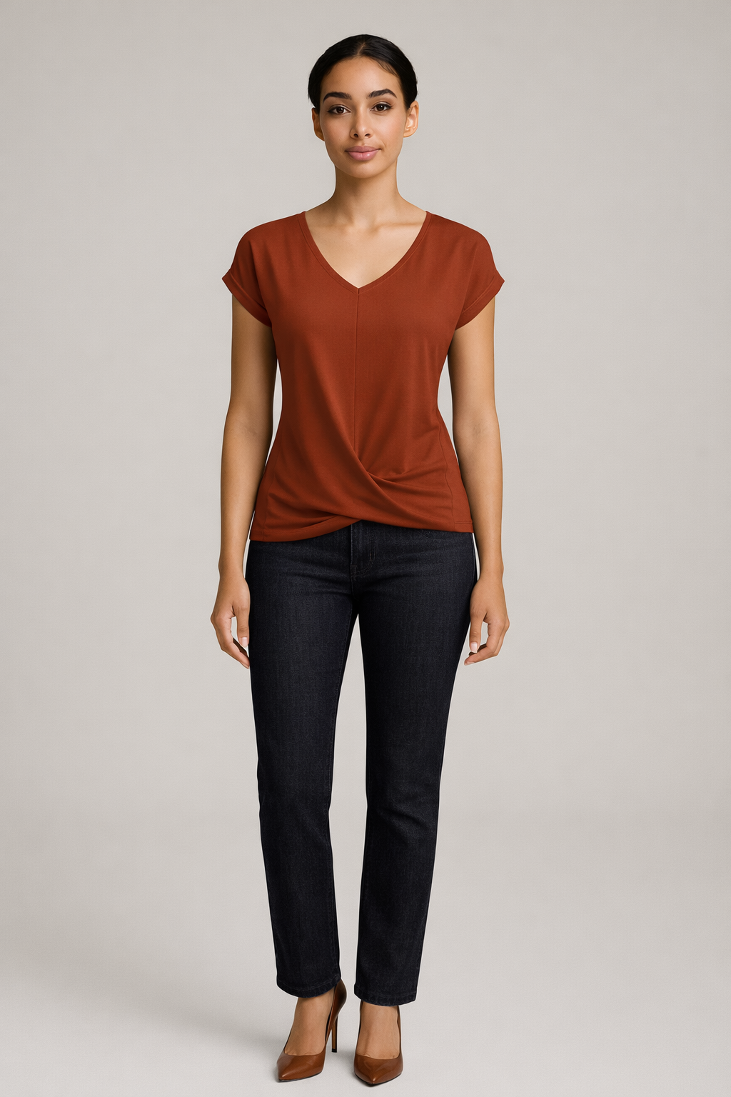 Roestkleurig T-shirt dames met V-hals — vooraanzicht