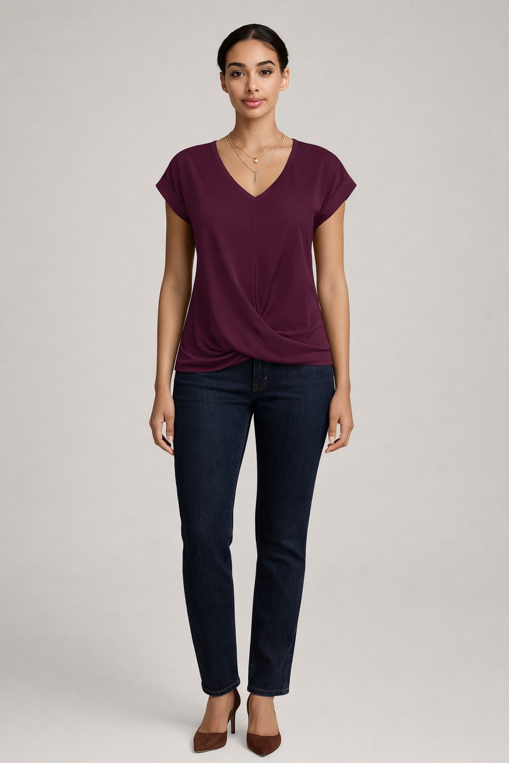 Bordeaux T-shirt dames met V-hals — vooraanzicht