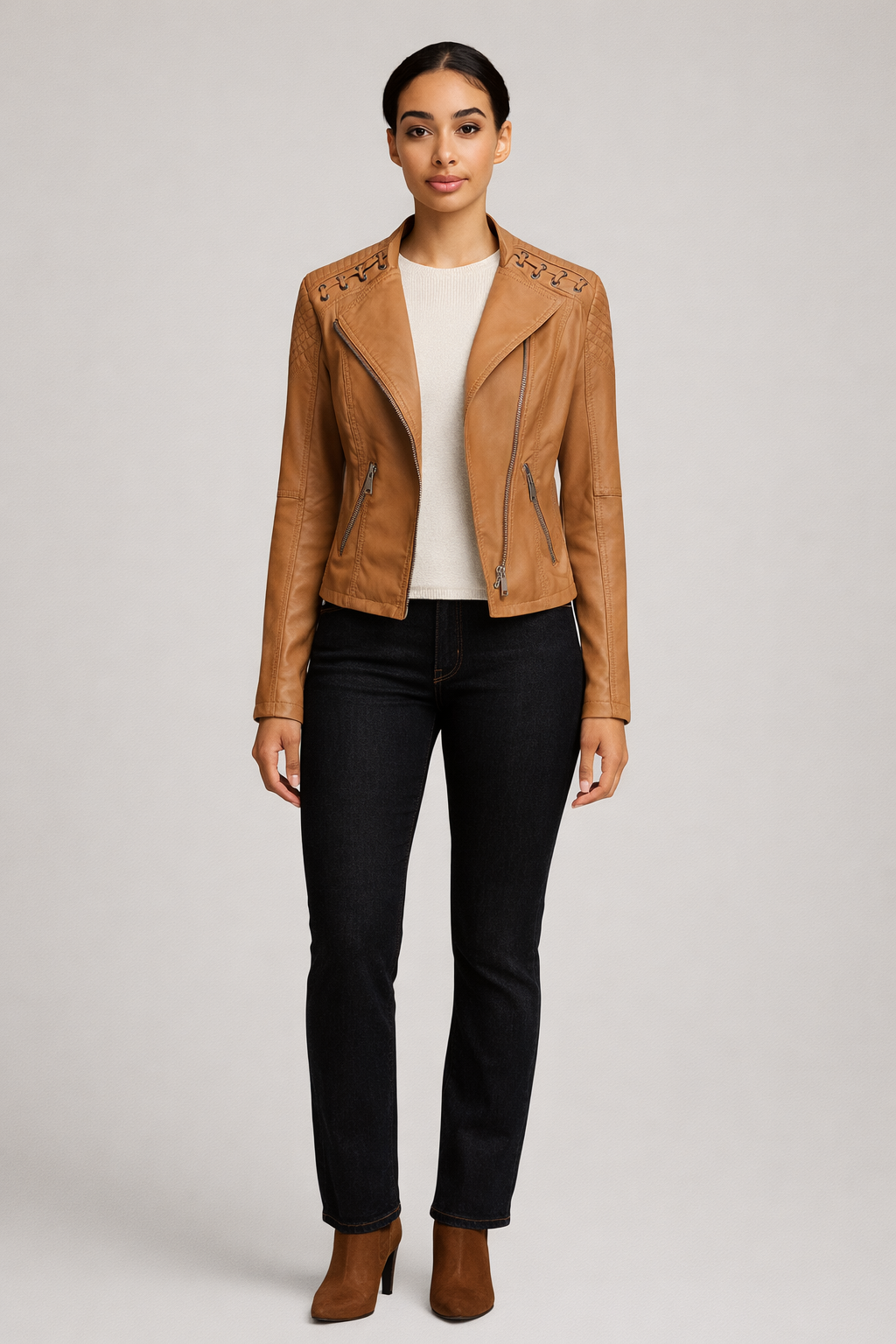 Camel biker jasje dames van leerlook met rits — vooraanzicht
