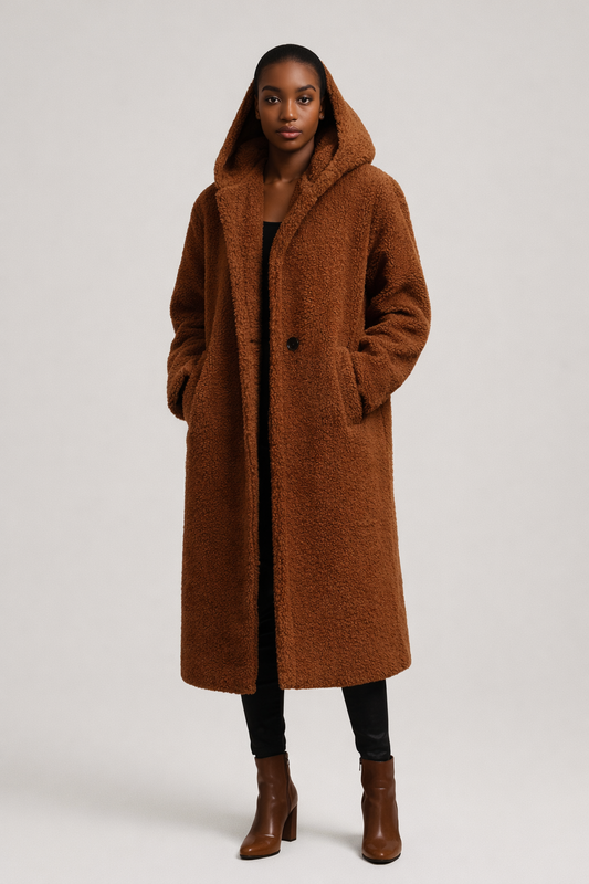 Bruine lange teddy jas dames met capuchon — vooraanzicht