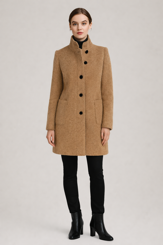 Camel wollook mantel dames met staande kraag — vooraanzicht