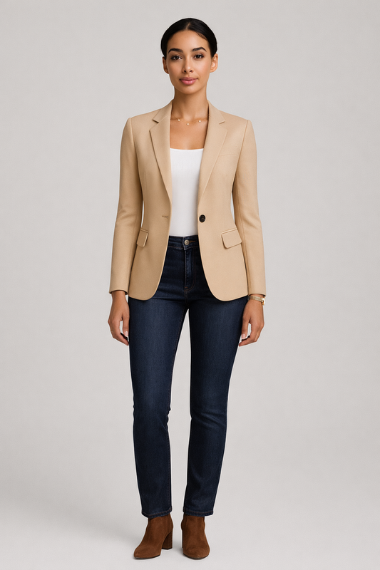 Camel getailleerde blazer dames met reverskraag — vooraanzicht