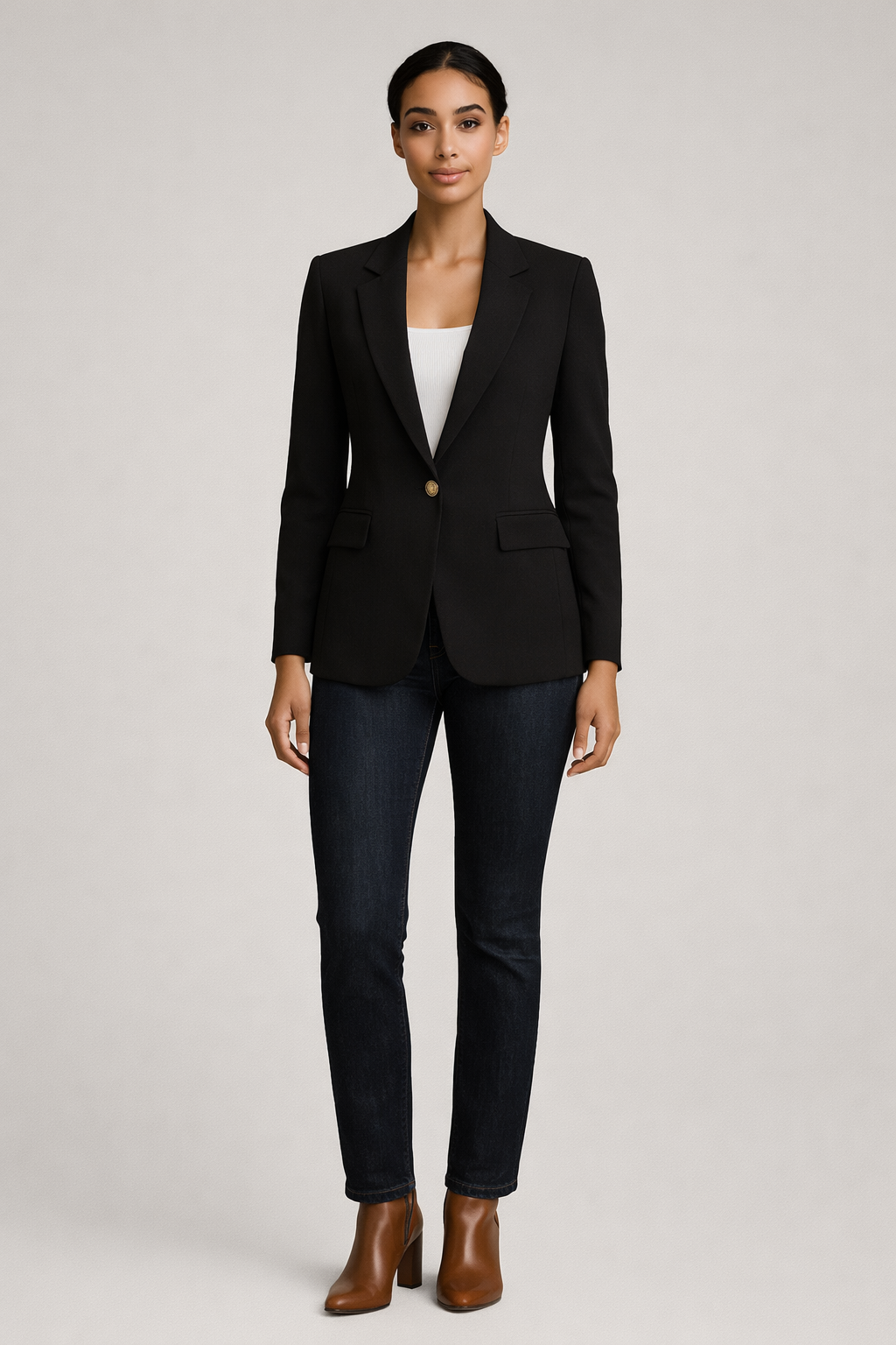 Zwarte getailleerde blazer dames met reverskraag — vooraanzicht