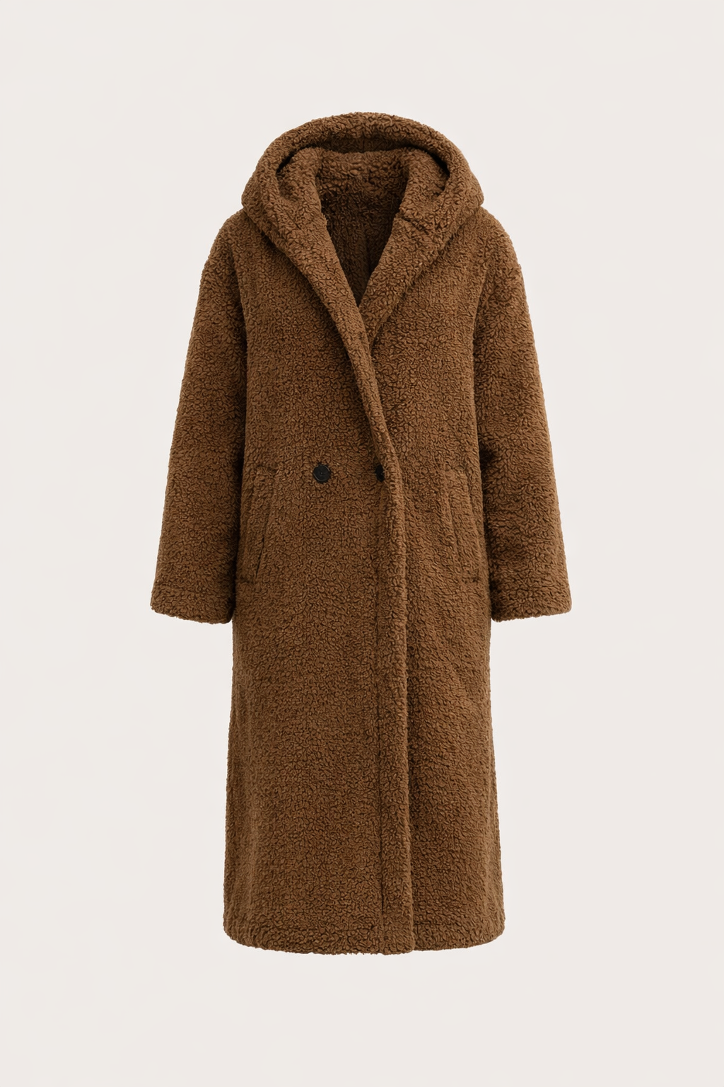 Lange Teddy Jas met Capuchon — Romy – Bruin – productfoto zonder model