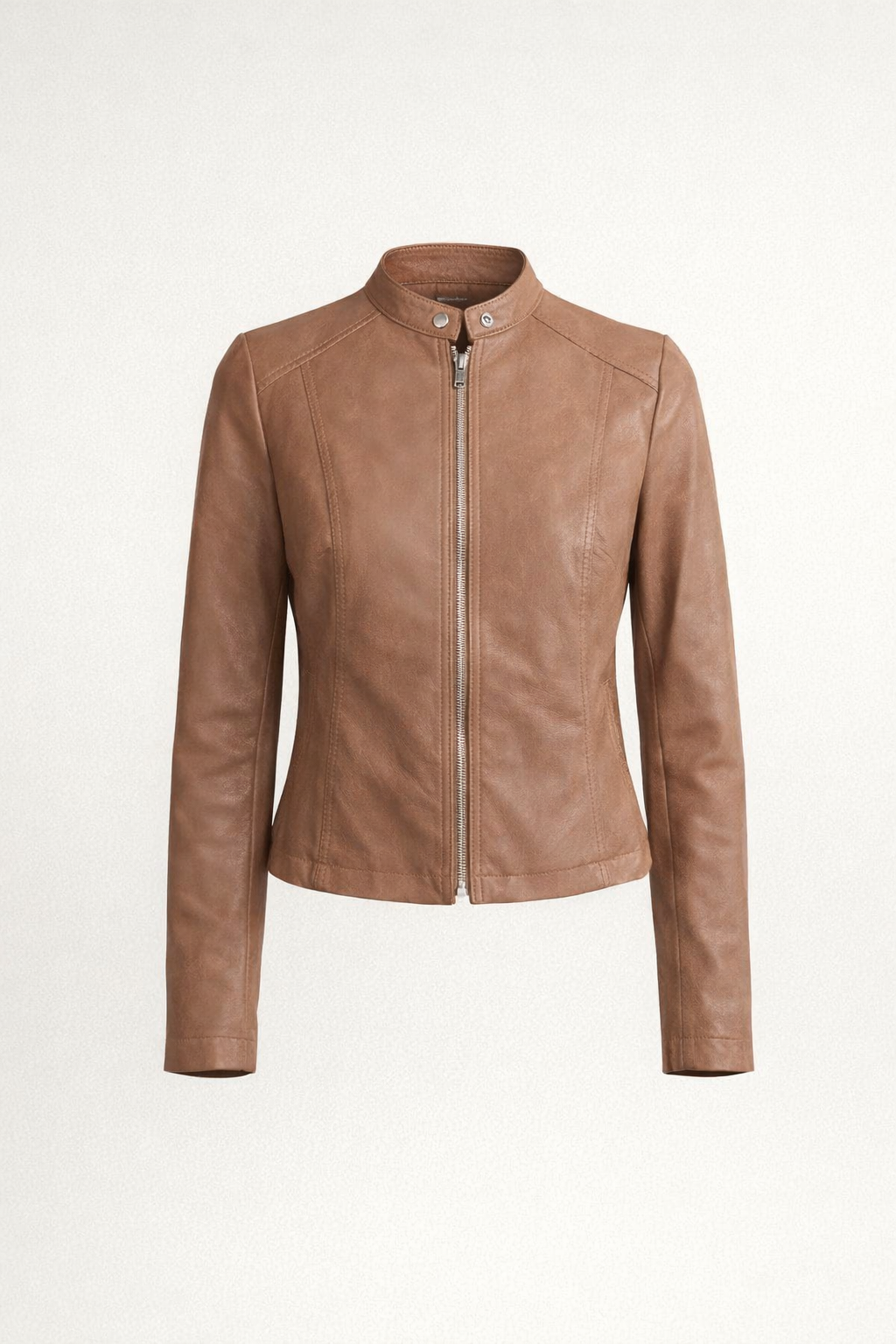 Getailleerd Leerlook Jasje met Rits — Elyse – Bruin – productfoto zonder model