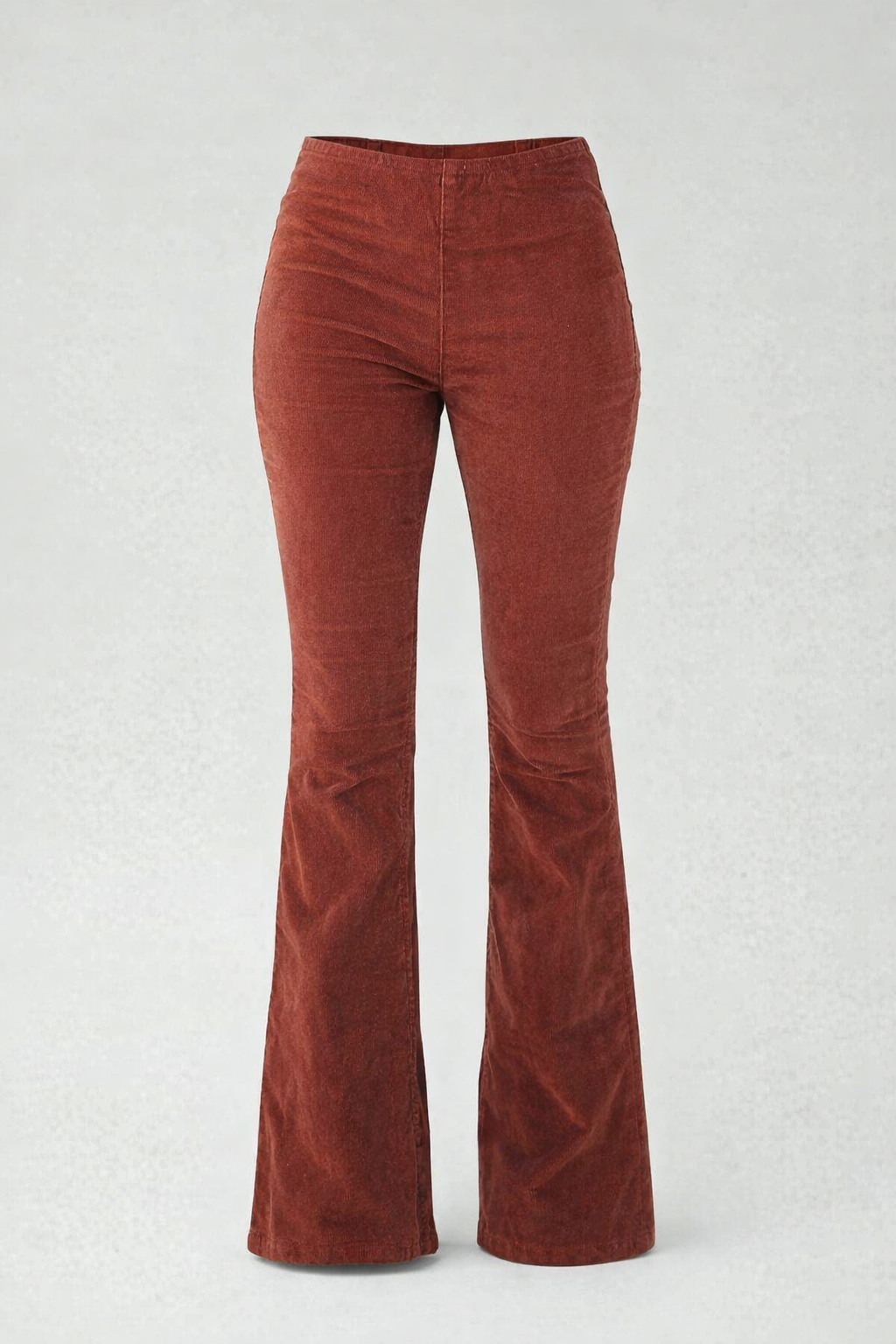 Roestbruine ribfluwelen flared broek dames - productfoto zonder model