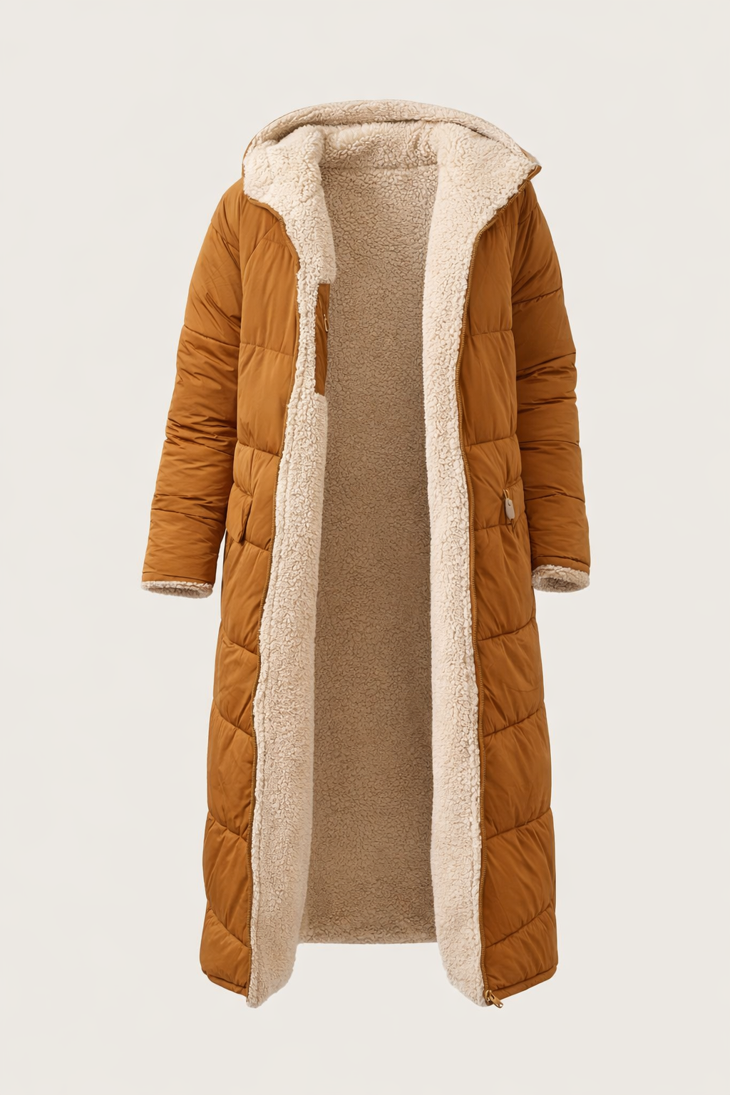Camel lange gewatteerde jas dames - productfoto zonder model