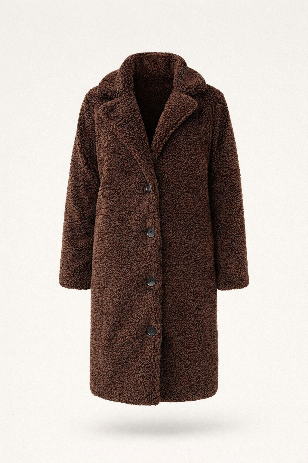 Chocoladebruine lange teddy jas dames - productfoto zonder model