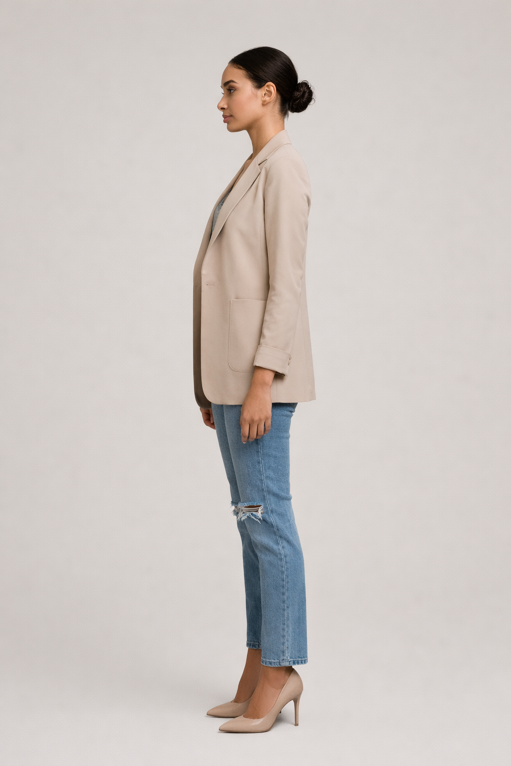 Camel soepele blazer dames met revers - zijaanzicht