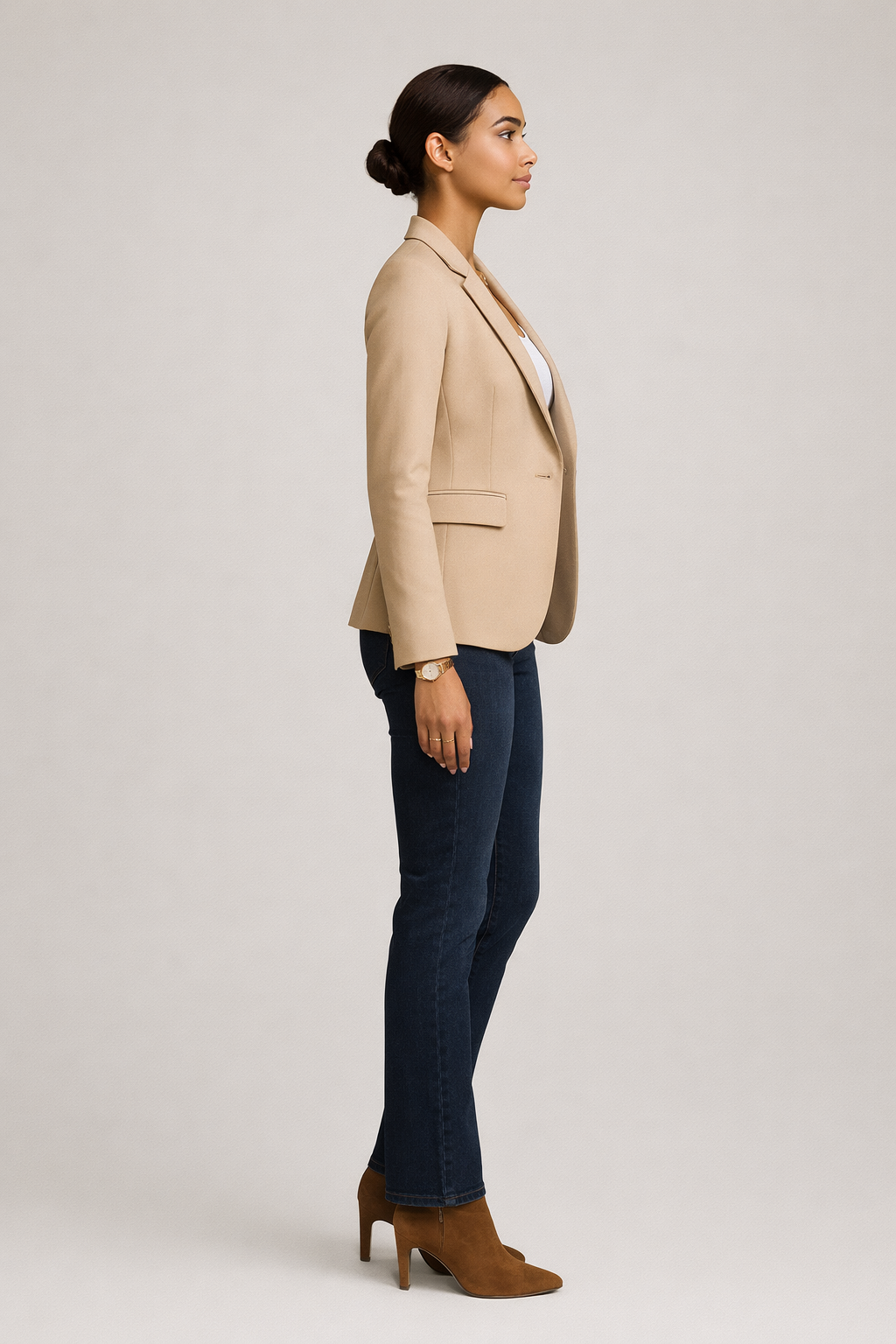 Camel getailleerde blazer dames — zijaanzicht