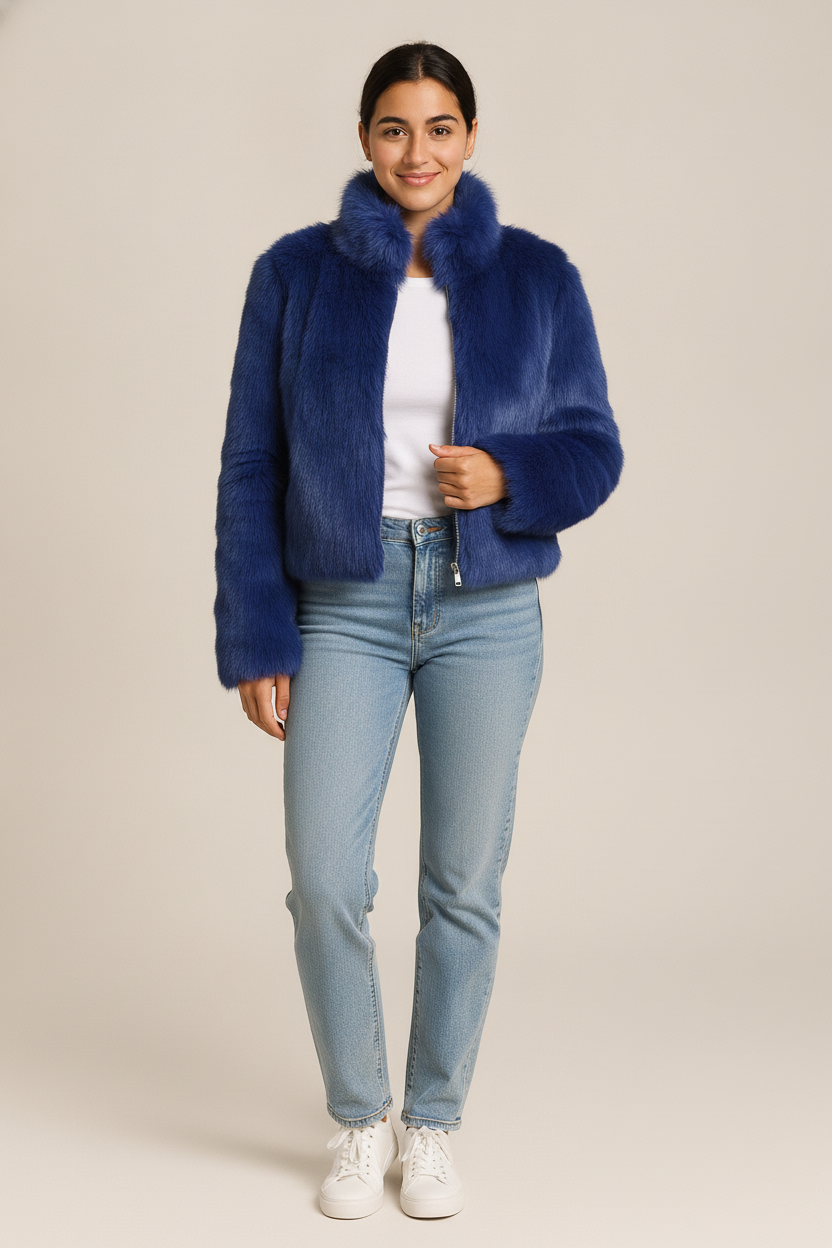 Imitatiebontjas Dames met Opstaande Kraag – Kort Jasje — Juliette – Blauw – vooraanzicht