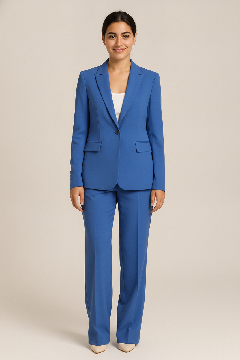 Tweedelig Pak met Getailleerde Blazer en Wijde Pantalon — Agathe – Kobaltblauw – vooraanzicht