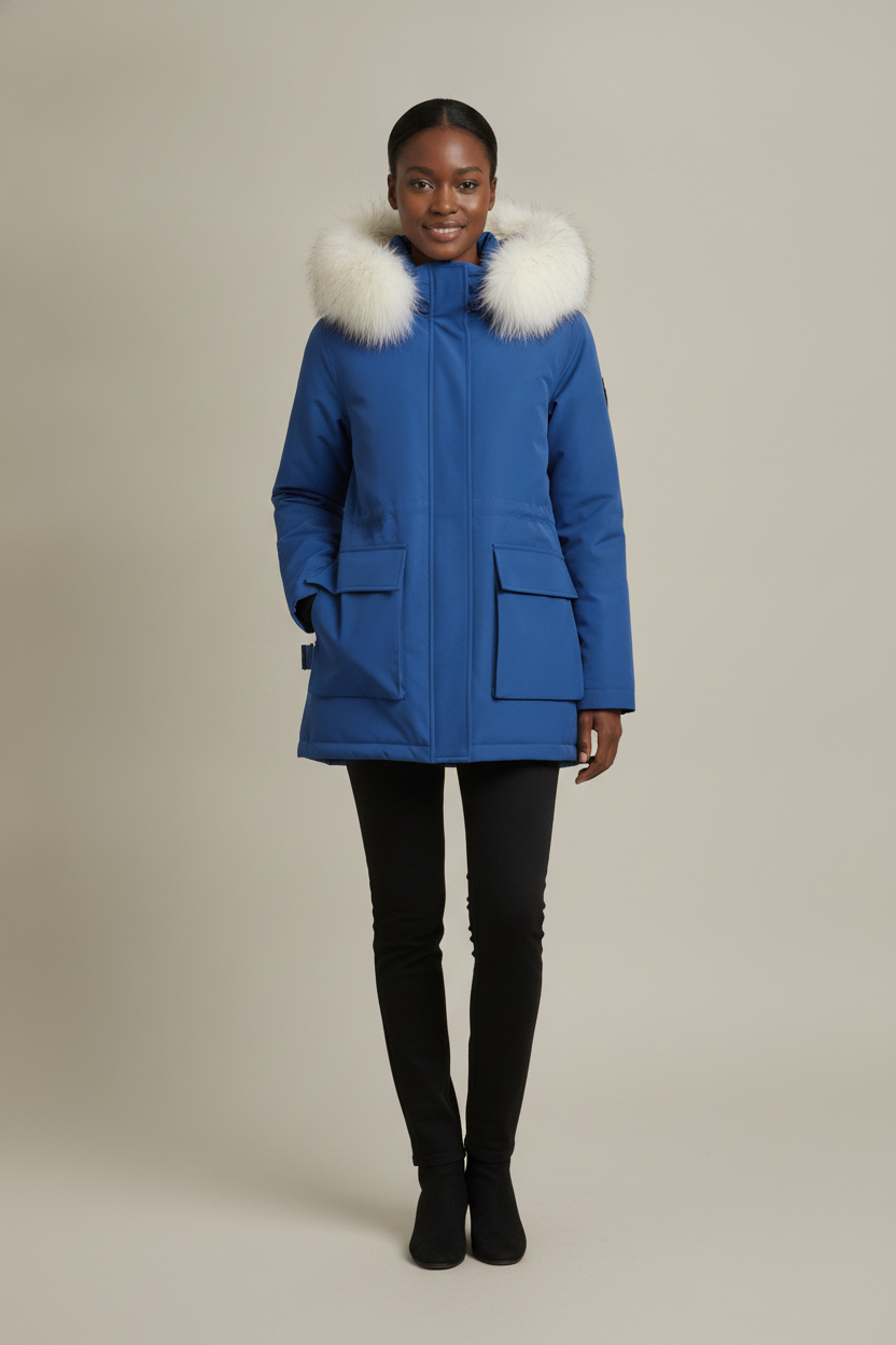 Winterjas Dames met Bontkraag Capuchon – Korte Parka — Quilla – Kobaltblauw – vooraanzicht