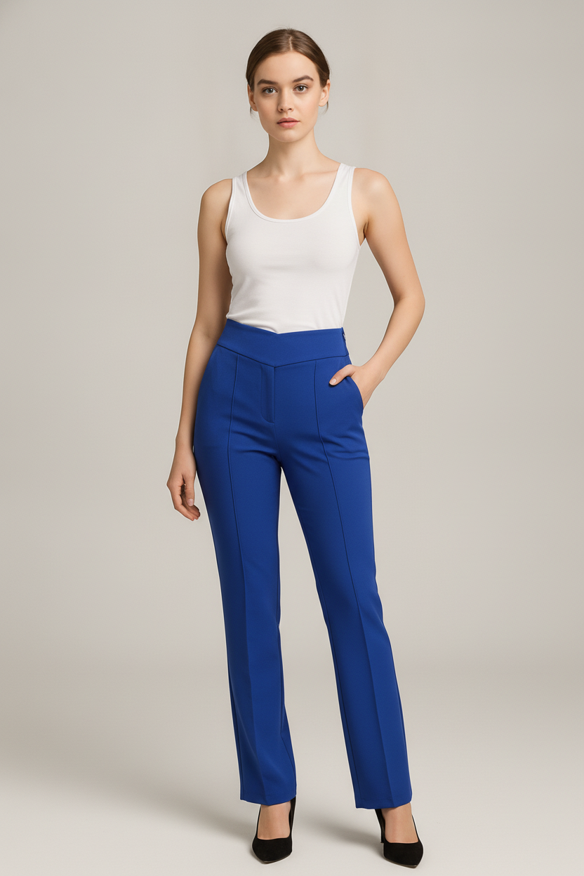 Pantalon Dames met Hoge Taille – Rechte Pijp met Gesp — Isaline – Kobaltblauw – vooraanzicht