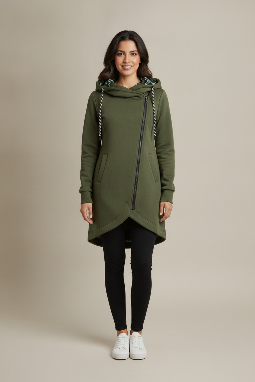 Lange Hoodiejas Dames met Rits – Tussenjas met Printcapuchon — Oriana – Legergroen – vooraanzicht