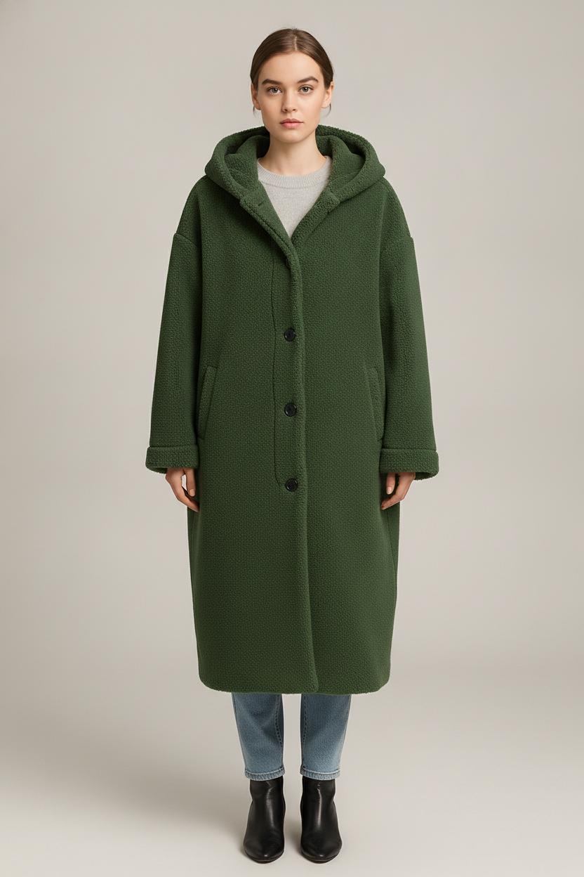 Lange Jas Dames met Capuchon – Bouclé Winterjas met Knopen — Julieta – Groen – vooraanzicht