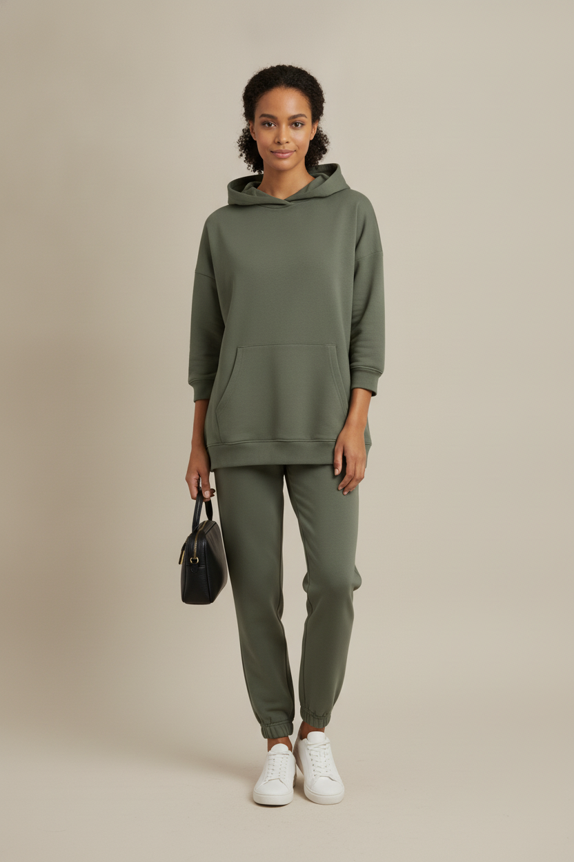 Trainingspak Dames met Hoodie – Joggingset met Hoge Taille — Saskia – Legergroen – vooraanzicht