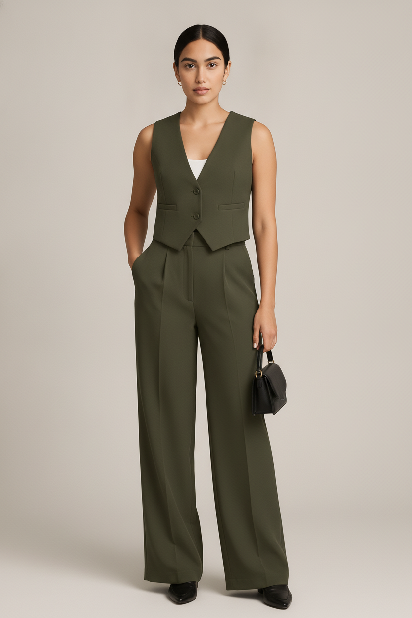 Gilet en Pantalon Set Dames — Naïla – Legergroen – vooraanzicht