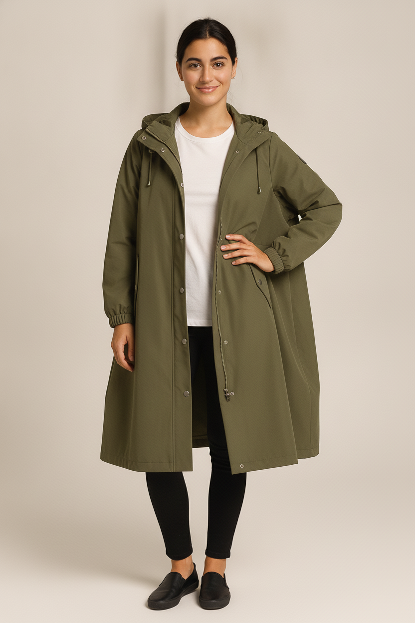 Regenjas Dames met Capuchon – Lange Oversized Parka — Lucienne – Legergroen – vooraanzicht