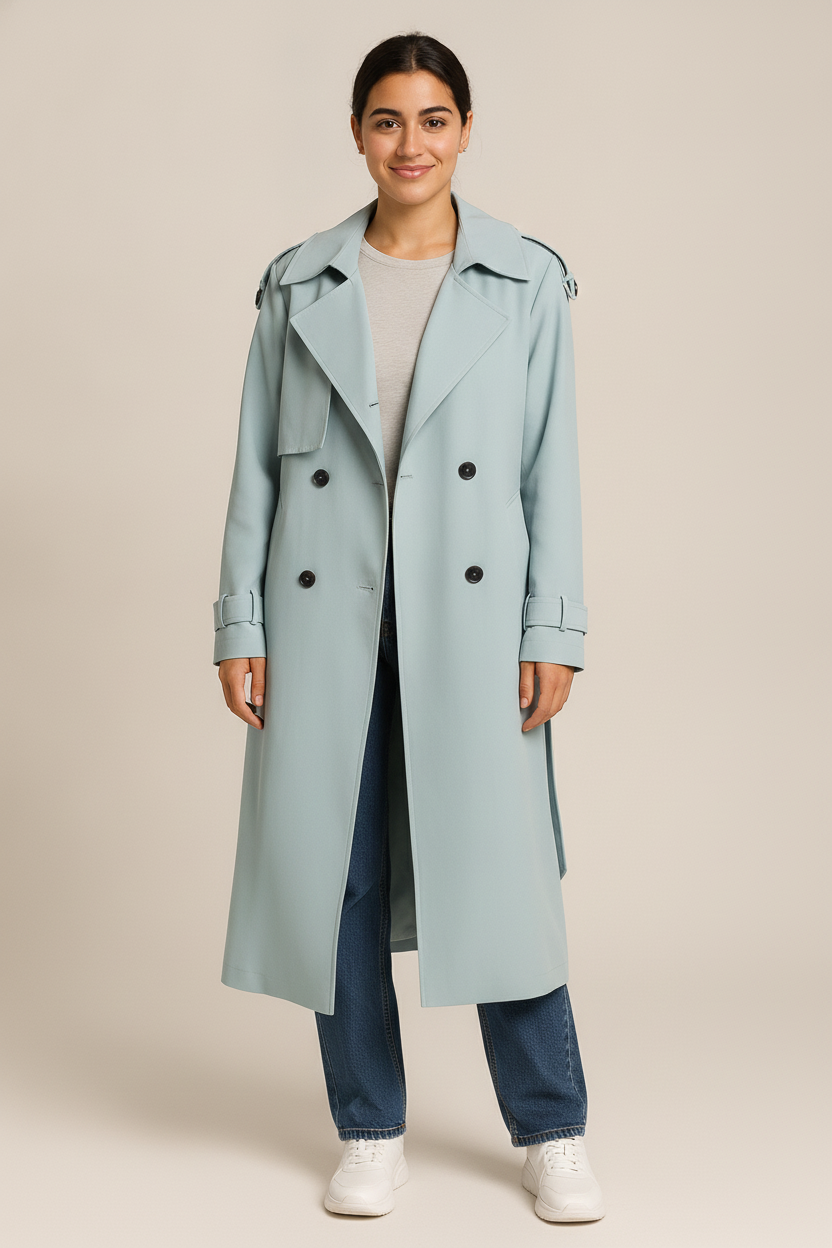 Lange Trenchcoat Dames Dubbelrijs – Oversized Tussenjas — Linnea – Lichtblauw – vooraanzicht