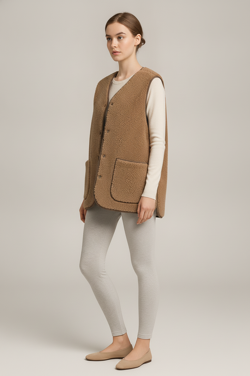 Teddy Gilet Dames – Zachte Bodywarmer met Zakken — Alora – Camel – vooraanzicht