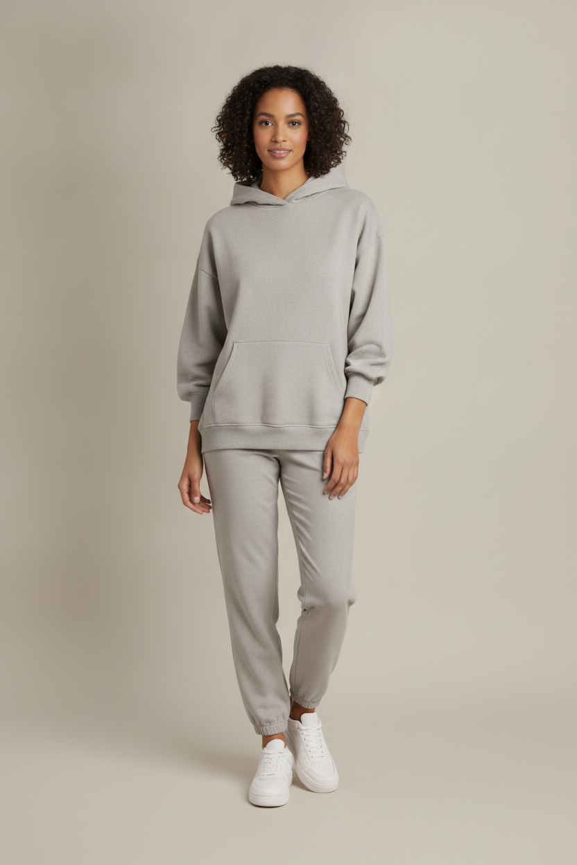 Joggingpak Dames Oversized met Hoodie – Tweedelig Huispak — Marcela – Lichtgrijs – vooraanzicht