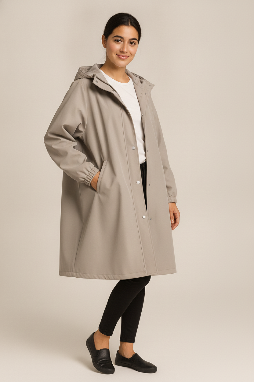 Regenjas Dames met Capuchon – Lange Oversized Parka — Lucienne – Lichtgrijs – vooraanzicht
