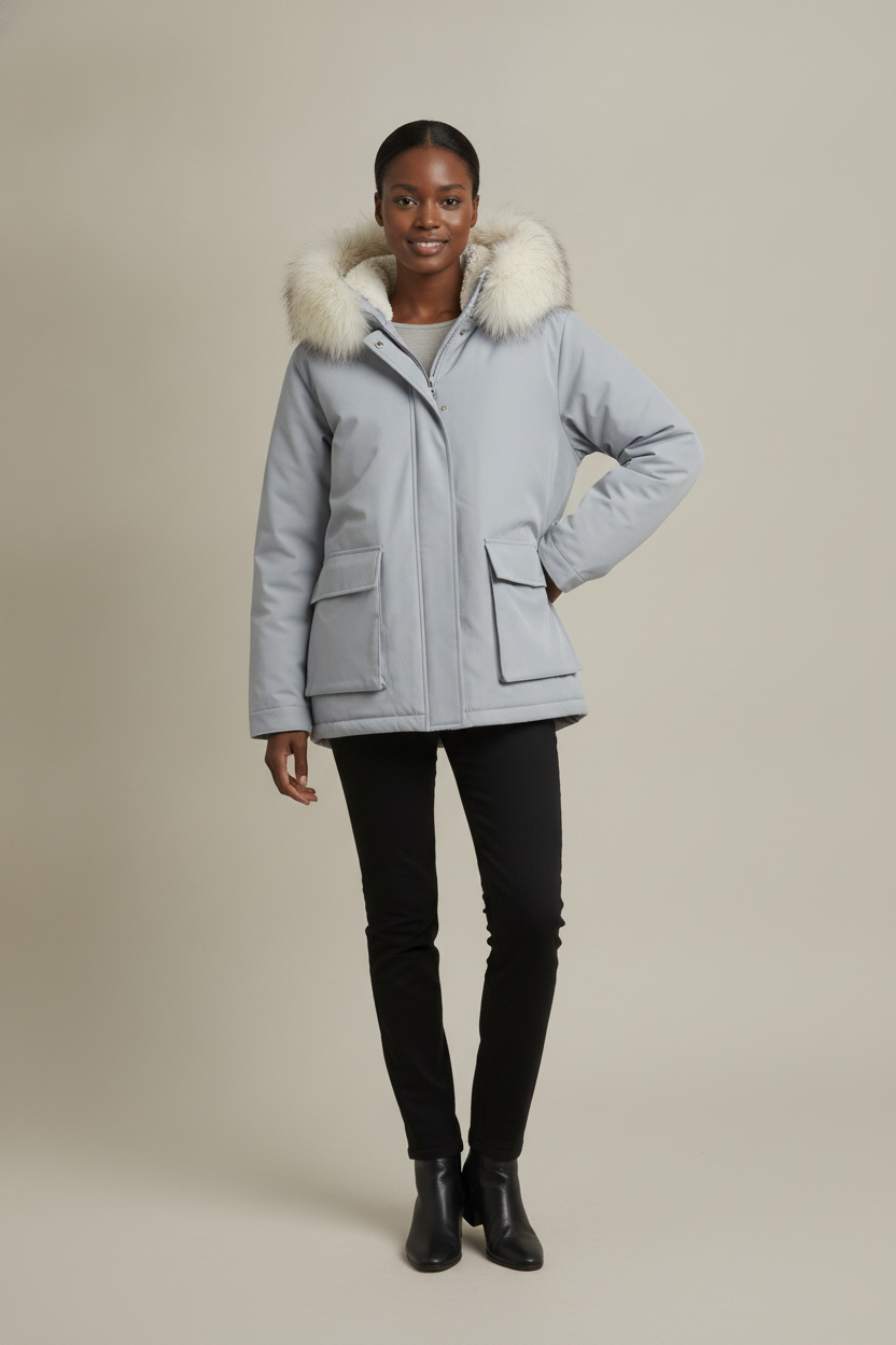 Winterjas Dames met Bontkraag Capuchon – Korte Parka — Quilla – Lichtgrijs – vooraanzicht