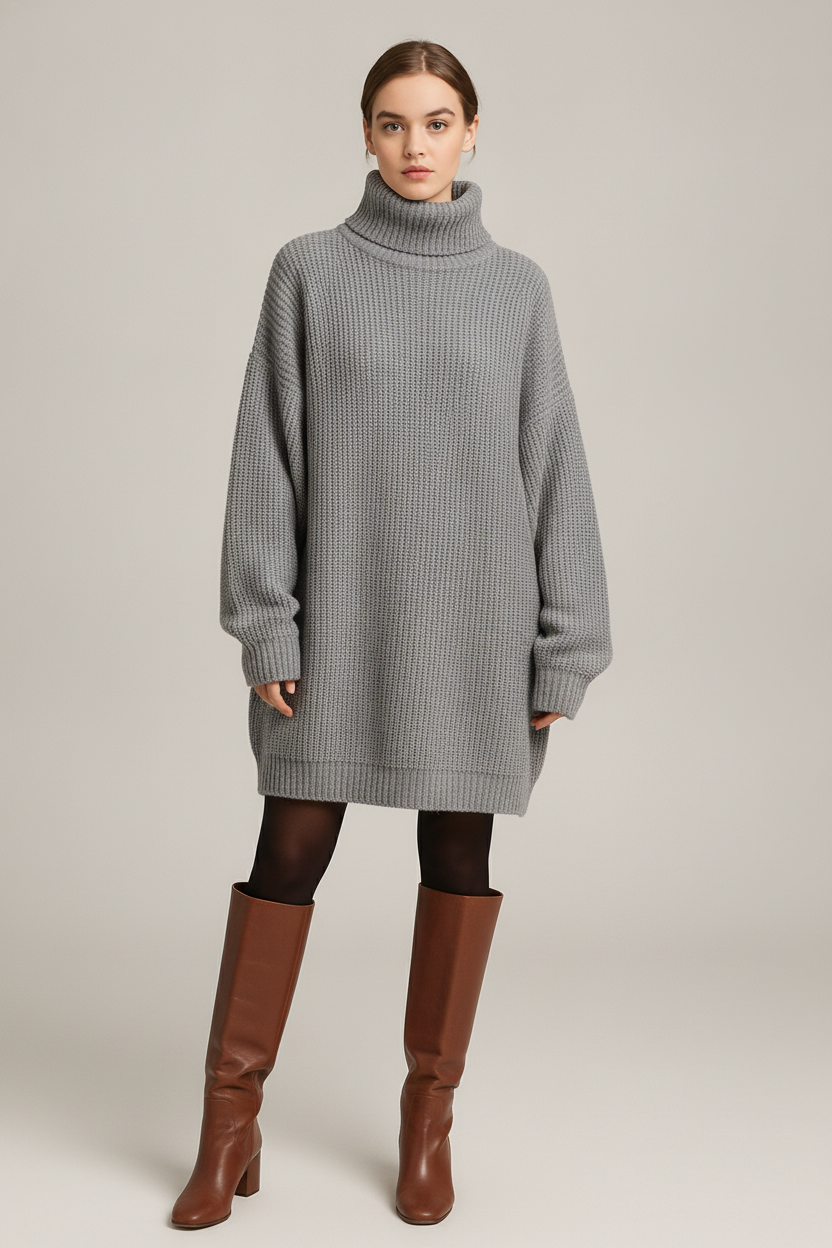 Truijurk Dames met Col – Oversized Ribgebreid — Ysolde – Lichtgrijs – vooraanzicht
