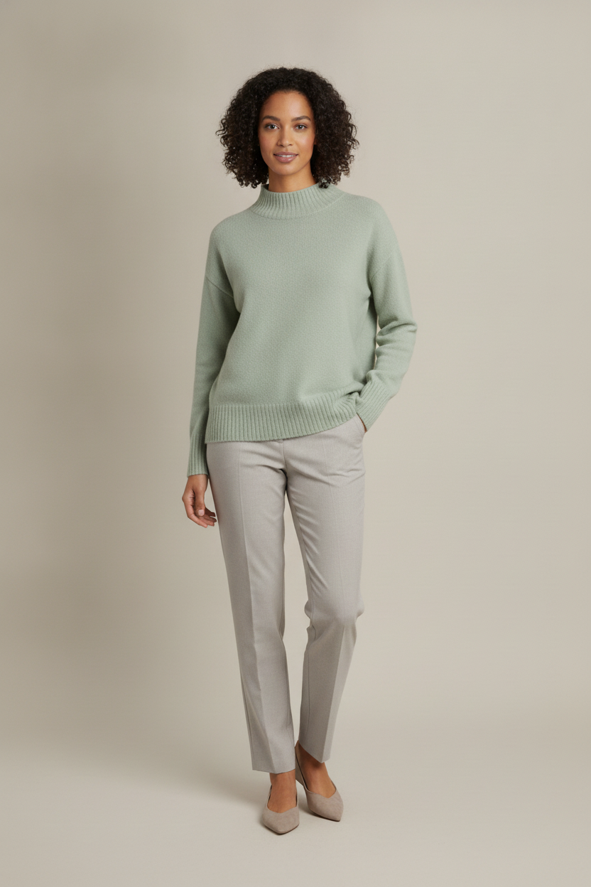 Trui Dames met Halfhoge Col – Zachte Gebreide Pullover — Selvana – Lichtgroen – vooraanzicht